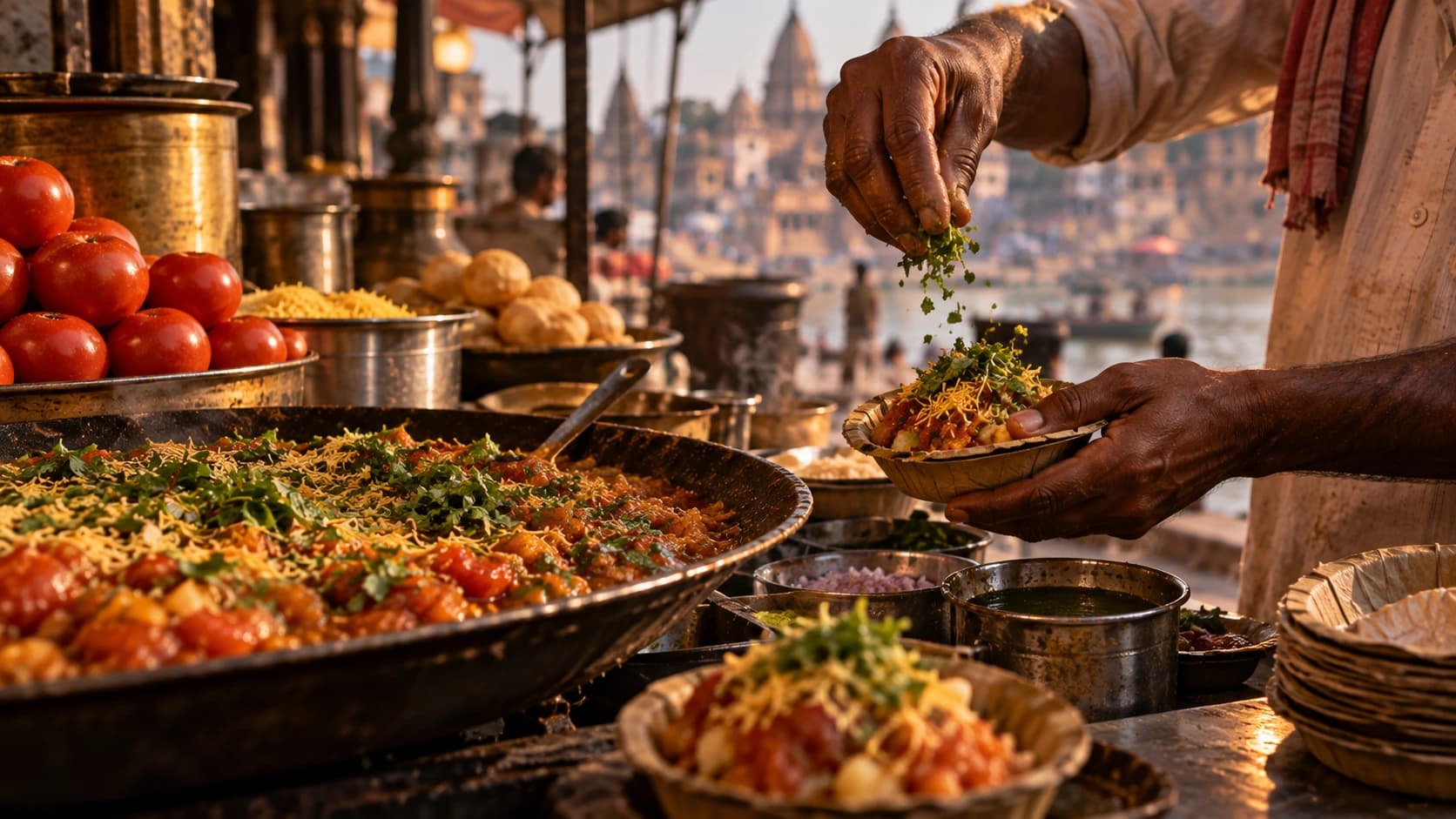 Freshly prepared Banarasi chaat with spiced potatoes, chutneys, and savoury crisps