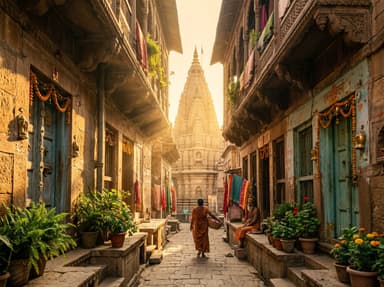 Ancient Varanasi stone lane bathed in morning sunlight