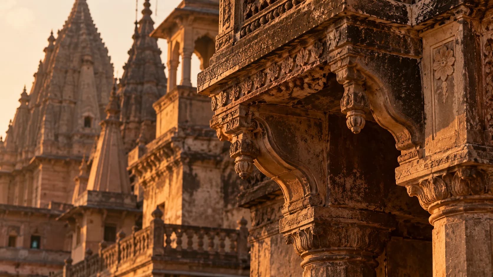 Intricate architectural stone carvings and heritage details of ancient Varanasi
