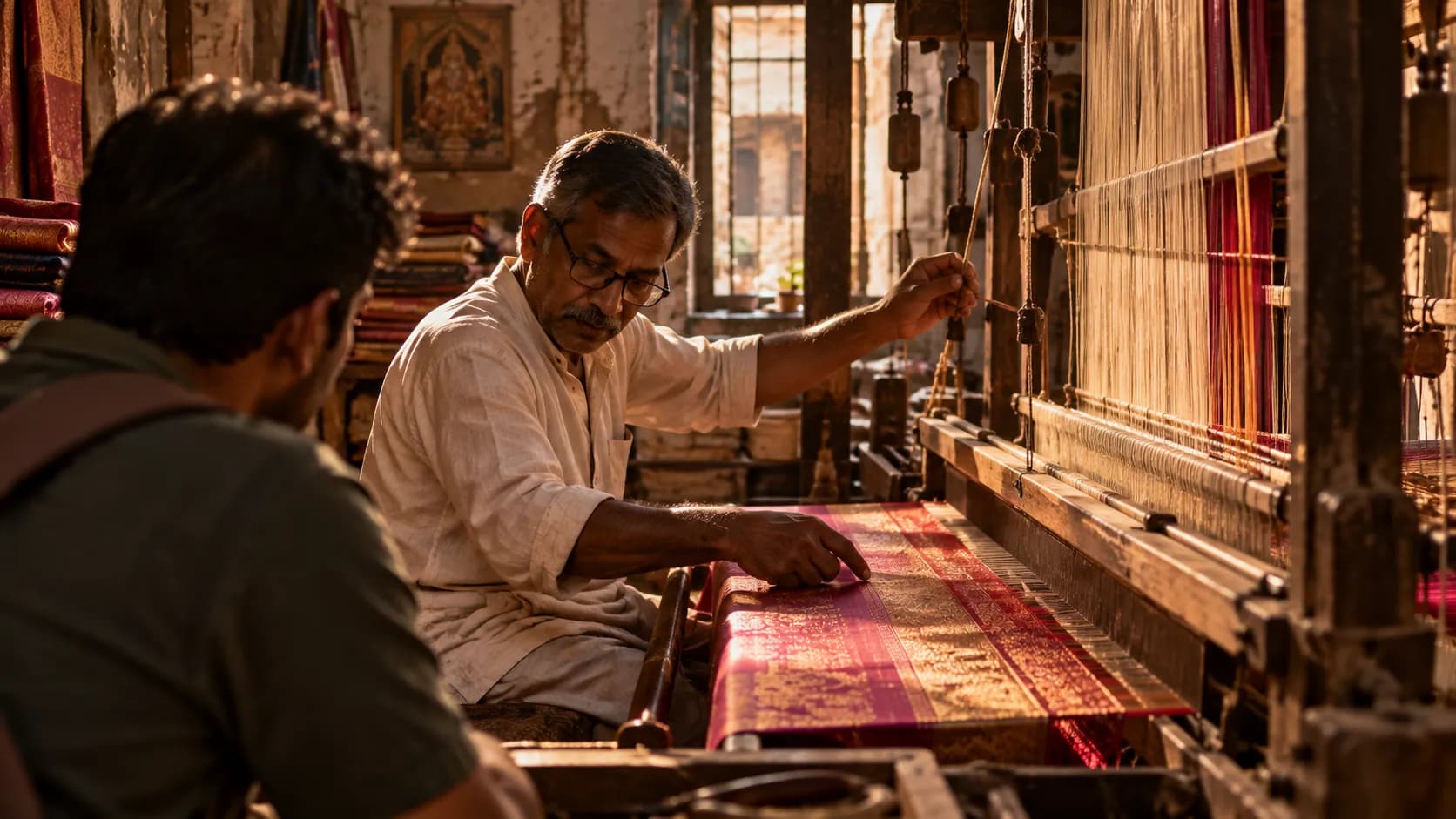 A Banarasi silk weaver working at a traditional loom