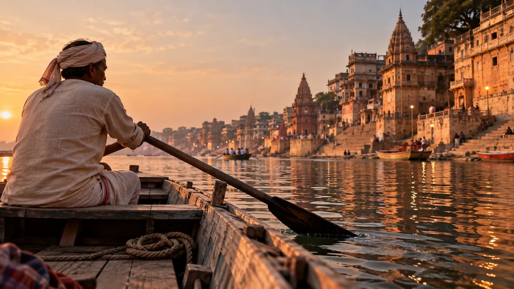 A private boat gliding across the Ganges at sunset, with Varanasi's ghats beyond