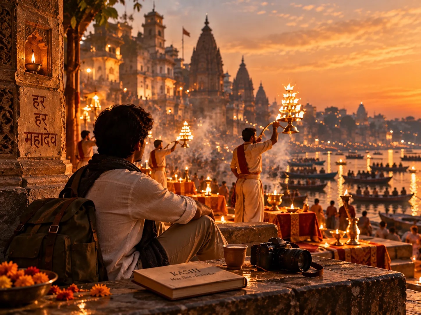 Devout hands lighting a brass diya lamp with glowing sacred flame and fresh marigold flowers