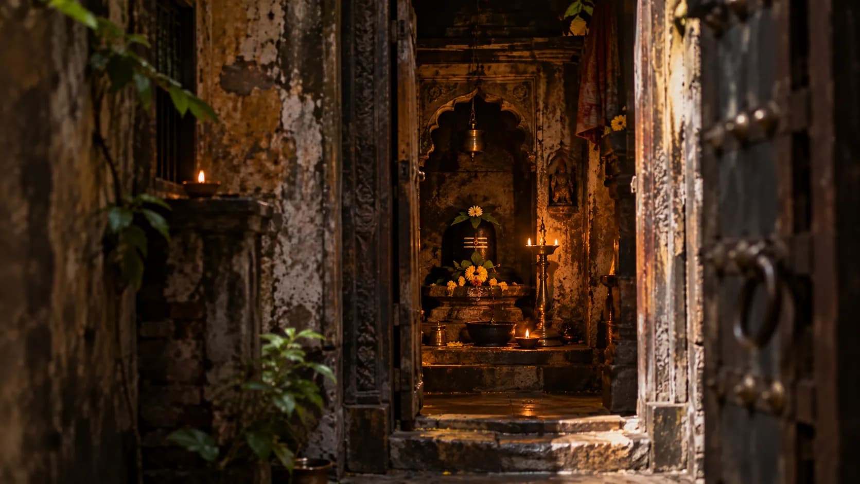 A quiet temple doorway tucked into an old Varanasi lane