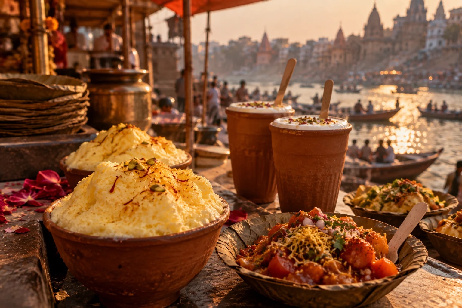 Traditional Banarasi street food and flavorful chaat prepared in polished brass vessels