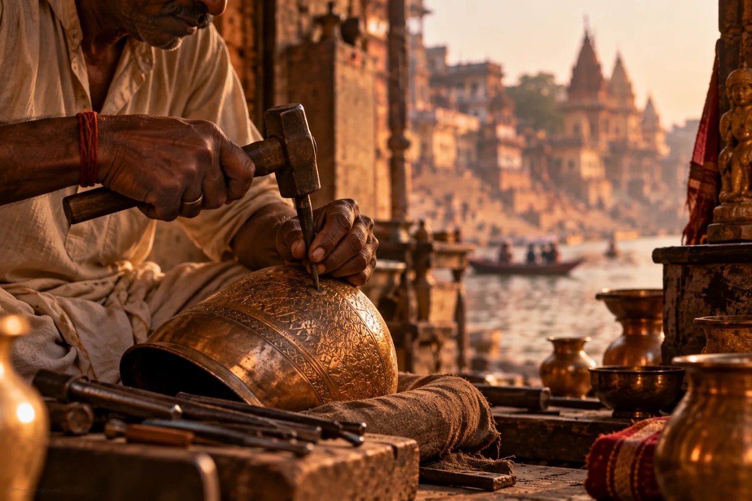 A Banarasi artisan shaping a traditional craft beside the Ganges
