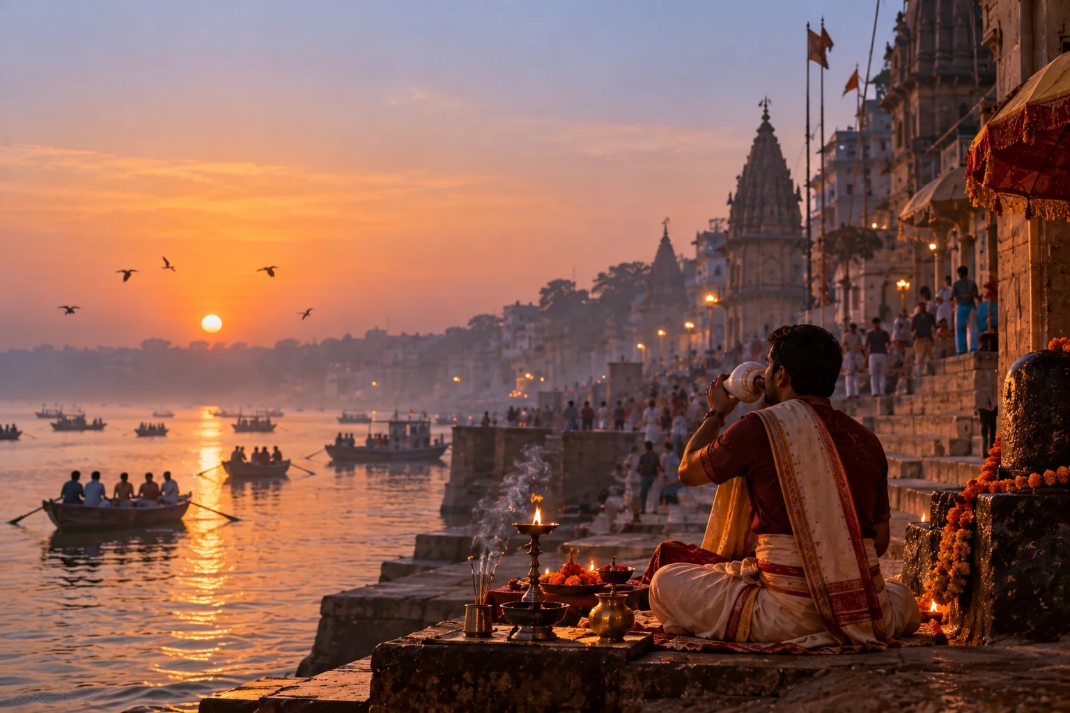 Golden sunset over Varanasi Ganges river with illuminated temple skyline