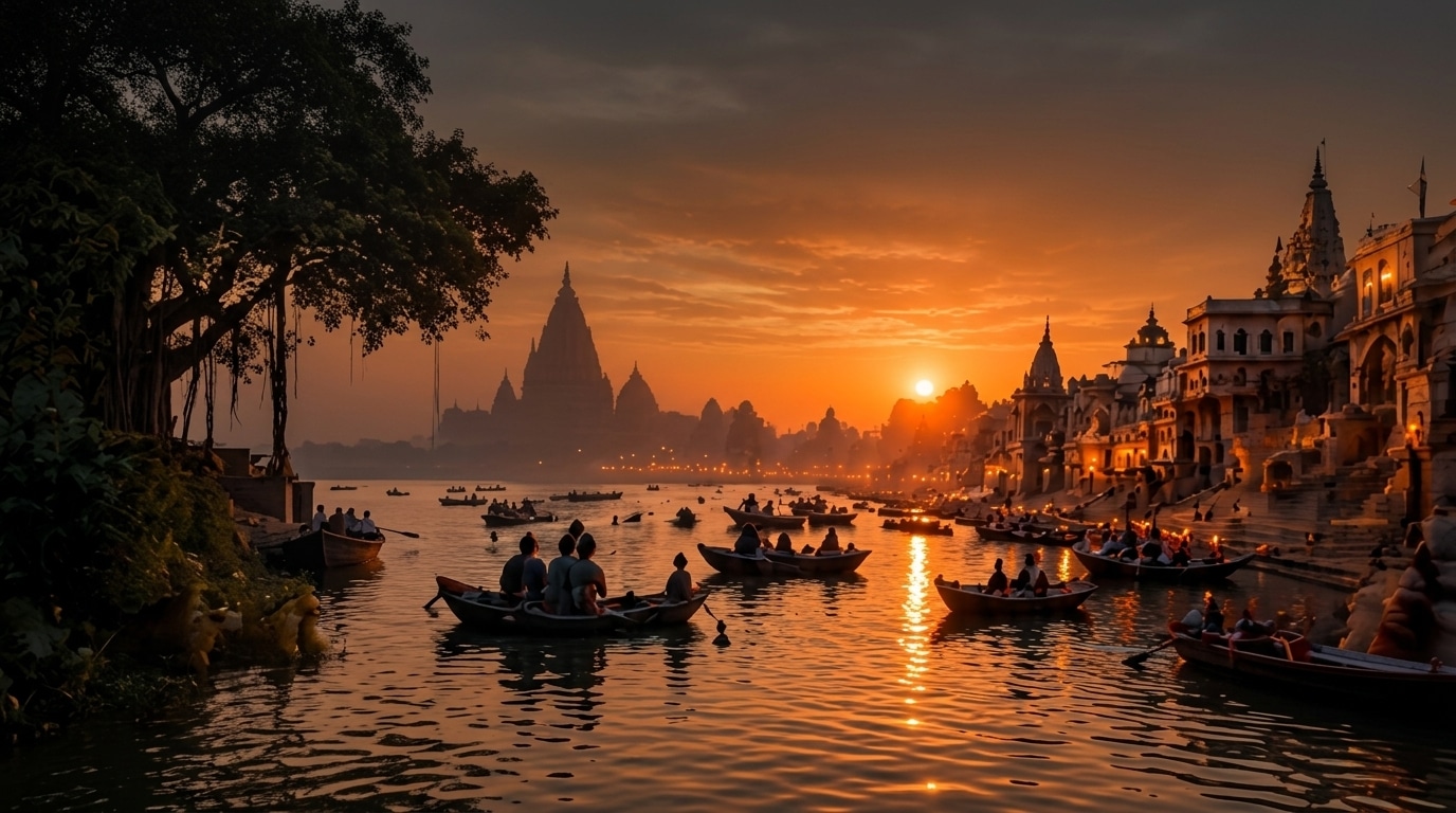 Cinematic sunset over the Ganges and ancient riverfront temples of Varanasi