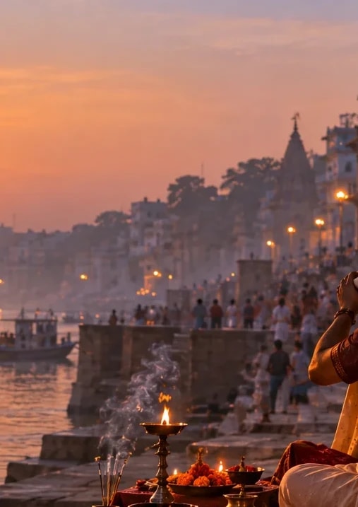 Silhouette of a solitary boatman rowing his wooden boat into the brilliant orange morning sunrise over Varanasi