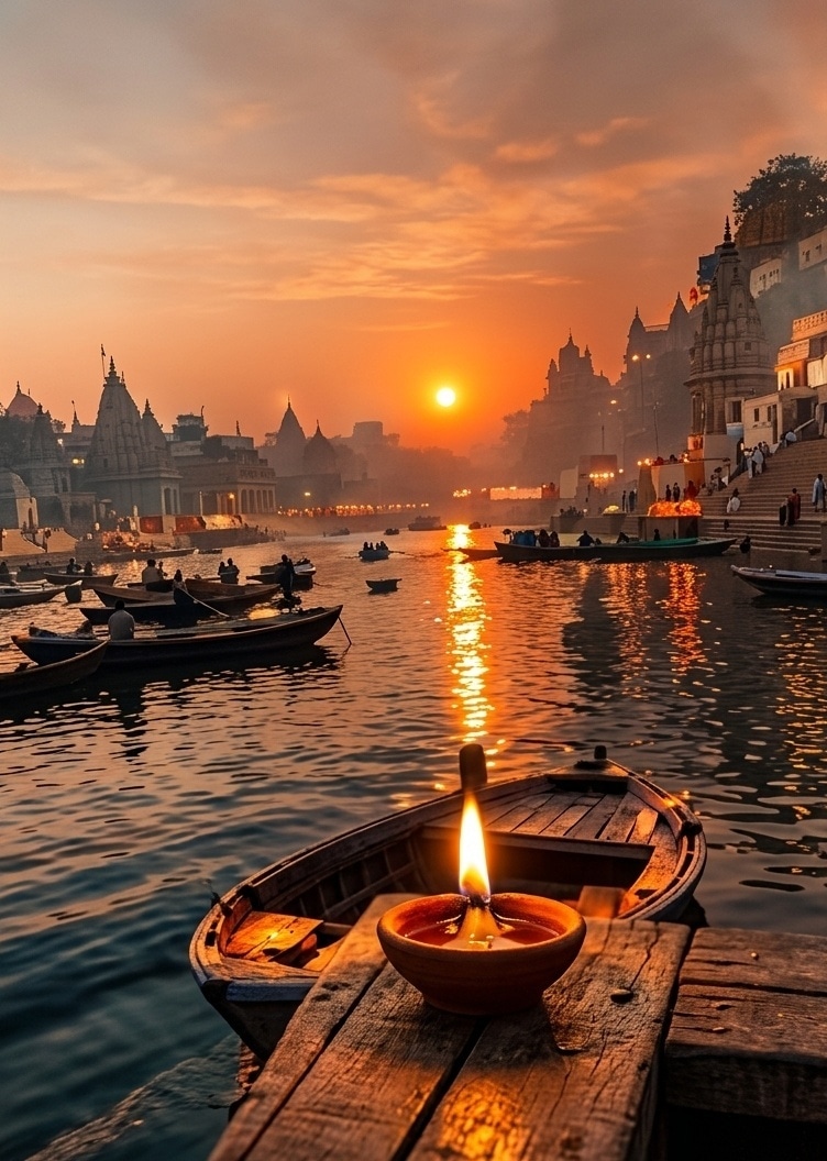Wooden boat on the Ganges at sunrise with diya flame