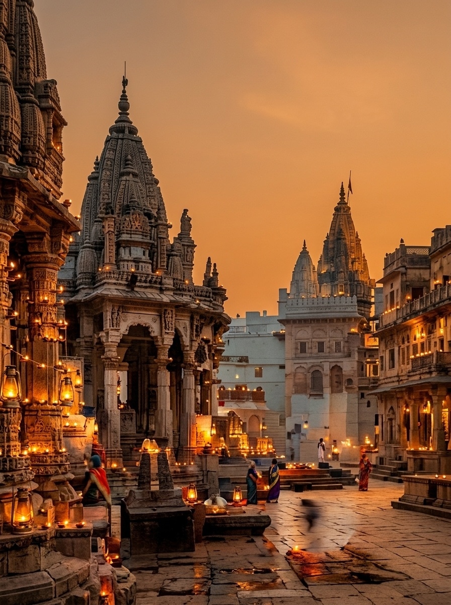 Ancient temple in Varanasi illuminated at dusk
