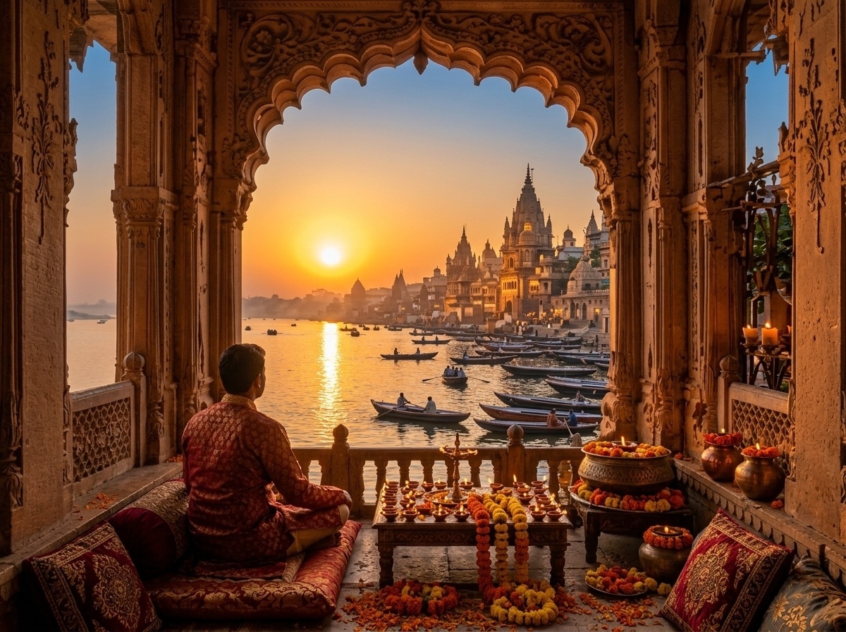 People experiencing sunrise on the Ganges from an arched balcony