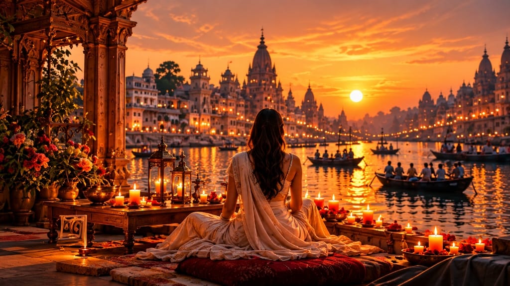 Sunset over the Ganges and Varanasi ghats